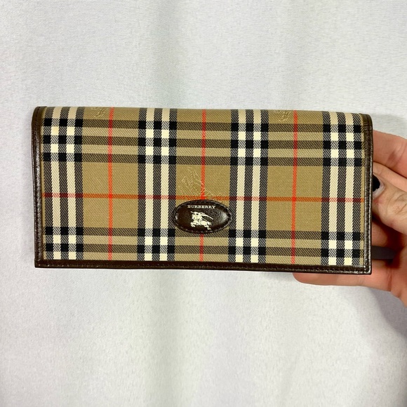 Burberry | vintage retro nova-check plaid canvas brown leather slim long wallet - Picture 1 of 11